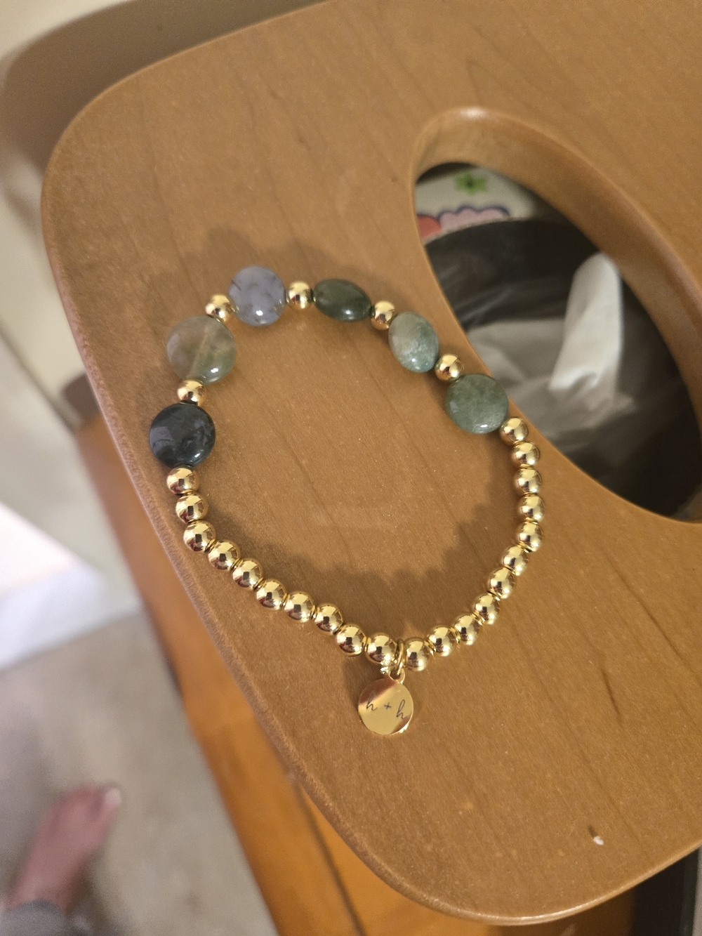 Hayes And Hudson Gold Beaded Bracelet with Green and Blue Gemstone Accents